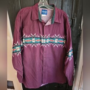 Wrangler Western Pearl Snap Shirt Vintage Aztec Western Print Men's 2XL Maroon